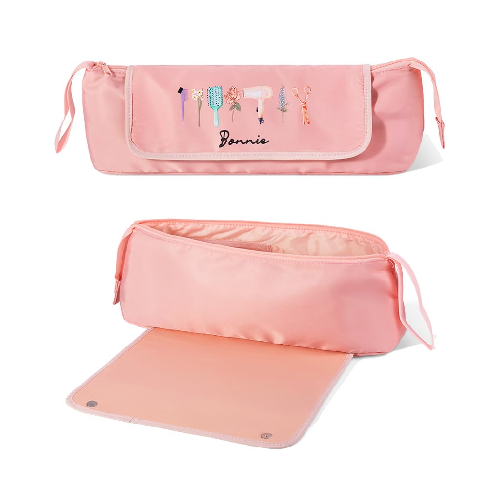 BYFDIY Custom Hair Tools Travel Bag Personalzied Name Birth Flower Hair Accessories Organizer Case With Heat Resistant Mat for Curling Iron Straightener Flat Iron Black Pink Size 4.7 * 5.9 * 18INCH