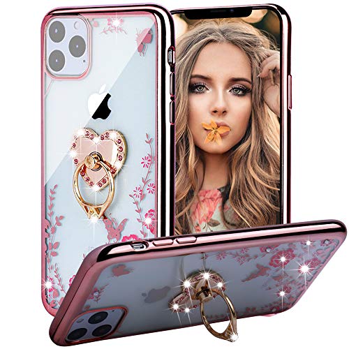 iPhone 11 Pro Max Case for Women, Umiko Soft Slim Bling Rhinestone Pink Floral Crystal TPU Plating Rubber Case Cover with Detachable 360 Diamond Finger Ring Holder Stand for iPhone 11 Pro Max