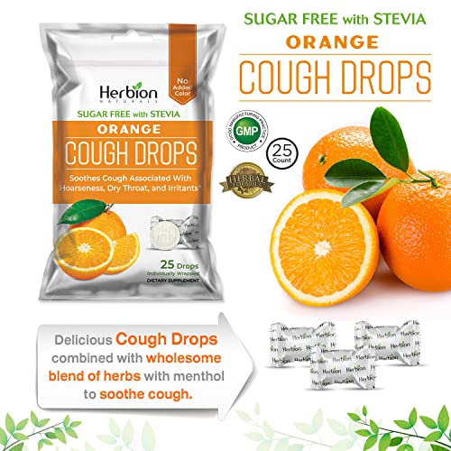 Herbion Naturals Sugar Free Cough Drops With Natural Orange Flavor – 25Ct – Oral Anesthetic - Relieves Cough - Soothes Sore Throat – Eases Bronchial Irritation, For Adults & Children 6 And Above #TOP3
