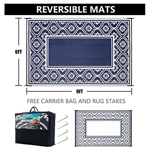 Hugear Rv Outdoor Rug Waterproof Mat 6'X9' For Patios Clearance Carpet Camping, Large, Plastic Straw (Lantern Navy Blue&White) #TOP1
