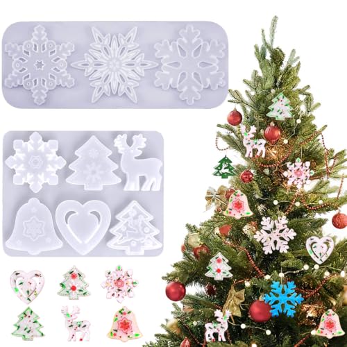 FUKPO 2 Piezas Moldes para Resina Silicona Epoxi Navidad, Molde Navidad Resina Velas Epoxi Manualidades Adornos Arbol Copo de Nieve Árbol Reno Amar Campana