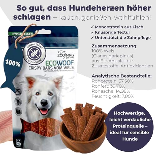 ECO WOOF Fisch Hundesnack Mix - Kaustreifen vom Wels Probierpaket - 375 g - 3 Sorten - Wels Pur | Kürbiskern | Bierhefe - Getreidefreie Fisch-Hundeleckerli - Unterstützt Zahnpflege & Verdauung