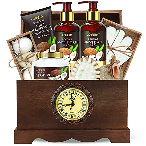 Luxury Bath Gift Set in a Vintage Style Wooden Clock Box – 13 Piece Premium Coconut Spa Kit for Men & Women with Body Lotion, Handmade Soap, Bath Bomb, Coconut Shampoo & Conditioner, Massager & More