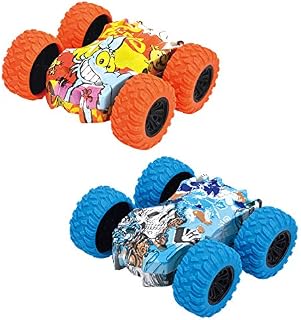 Double Side Pull Back Cars,2 Pack Mini Kids Toy Car Inertia Car Friction Powered Vehicles,Stunt Graffiti Car 360° Rotating Off Road Model Toy Car for 3-10 Year Old Boys Girls Kids Birthday Xmas Gift