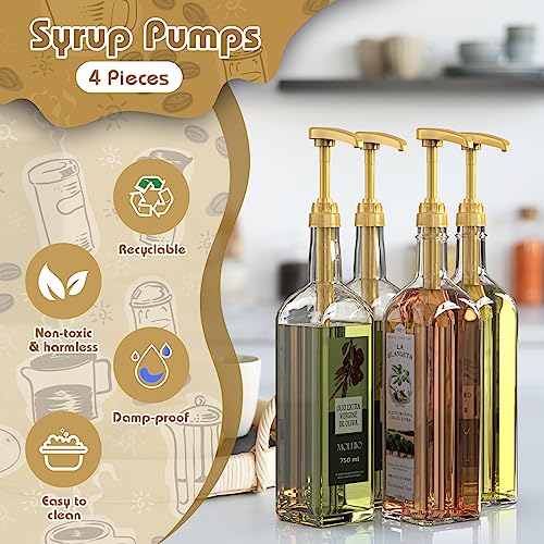 Image of Coffee Syrup Pump Dispenser, 4 Packs of Syrup Pump for 750ml /25.4 oz Syrup Bottle, Gold Pumps for Coffee Syrup Bottle, works with Torani, DaVinci, Jordans Skinny 750ml Syrups Bottles (Gold)