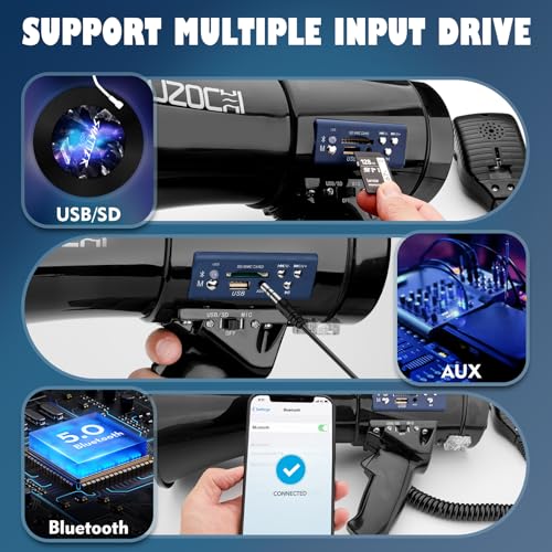 UZOCHI 50W Megaphone Bullhorn Speaker with Rechargeable Battery | Loud Slim Mega Phone with Siren & Recording, supports Bluetooth, USB, AUX Input (Black)