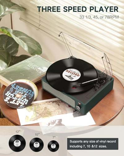 Image of Record Players Turntable for Vinyl with Speakers Bluetooth Wireless Receiver LP Phonograph 3 Speed RPM Belt-Driven Headphone AUX RCA Auto Stop All-in-one for Beginner New Sleek Deep Blue