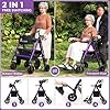 Heavy Duty Rollator Walker for Seniors with Seat, Foldable 2 in 1 Rolling Walkers Wheelchair Combo for Adult, All Terrain Wheels, Adjustable Transport Chair with Brake, 450 lb. Weight Capacity, Purple