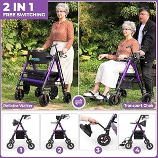 Heavy Duty Rollator Walker for Seniors with Seat, Foldable 2 in 1 Rolling Walkers Wheelchair Combo for Adult, All Terrain Wheels, Adjustable Transport Chair with Brake, 450 lb. Weight Capacity, Purple
