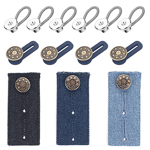 13 Pcs Button Extender, 3 Jeans Waistband Button Extender for Pants/Denim Material, 6 Neck Extender Collar Extenders for Dress Shirts, 4 Elastic Silicone Waist Extender for Men and Women, No Sewing