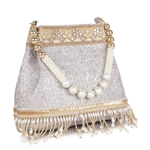 Image of Nevis PU Silk Fabric Women's Embellished Potli Bag with Pearl Handle & Fringe Detailing | Designe Wedding & Festive Handbag
