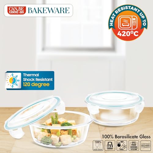 Image of SIGNORA WARE Lock N Store Round Glass Container Set| Microwave Safe| Easy Locking Clips| Airtight & Leakproof| Ideal for Office, Travelling & Outdoors (620ml + 400ml| Set of 2| Clear)