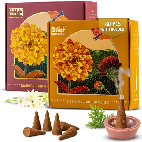 Image of HelpUsGreen Natural Dhoop Cones for Pooja, Mediation, Relaxation - Charcoal-Free Incense Cones with Holder - Lasting Aroma Upcycled Temple Flowers - 2-Pck, 80 Cones, Citronella & Rajni