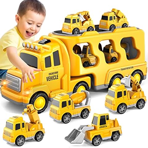 5 in 1 Toddler Cars Toys Construction Toddler Truck Toys for 6+ Year Old Boys, Friction Power Toy Vehicle Carrier Truck Toys for Kids 3-5, Christmas Birthday Gifts for Boys Girls - 6+ Ages Cover