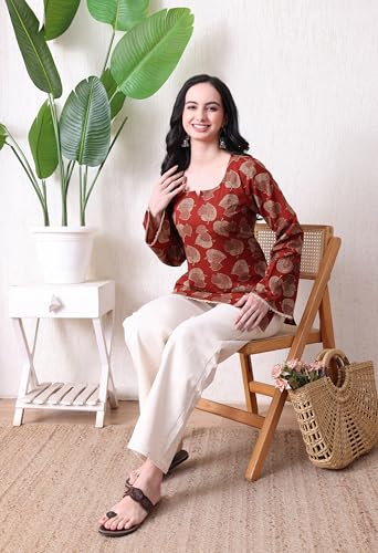 Image of MEERA FAB Women's Floral Printed Cotton Short Top | Floral Printed Kurta with Full Sleeves | Short Kurti for Women