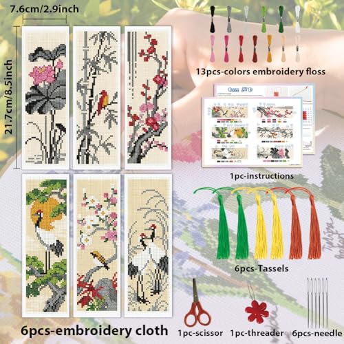 Image of ACRNIGHEET 6PCS Cross Stitch Bookmark Kit for Beginner Chinese-Style Stamped Cross Stitch Kits Needlepoint Kit for Adults DIY Tassel Embroidery Bookmark Kits with Instructions Craft Gift 8.5 inchx3 inch 11CT