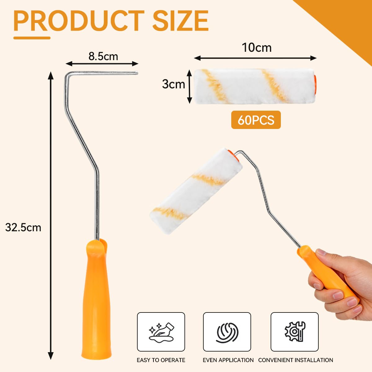 60 Piezas Set de Rodillos de Pintura Pequeños,10 CM Rodillo Pintura Pared Rodillo de Pintura Pequeño con 3 Mango de Rodillos,Juego de Cepillos para Pulgar Amarillo para Renovaciones Paredes | Rodillos de espuma para puertas, muebles, radiadores, paredes y