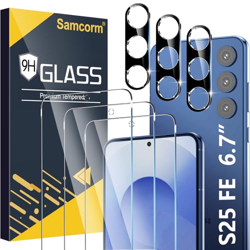[3+3 Pack] Pack Galaxy S25 FE Screen Protector HD Clear Tempered Glass Fingerprint Unlock 3D Curved Scratch Resistant No Bubble for Samsung Galaxy S25 FE 5G Glass Screen Protector