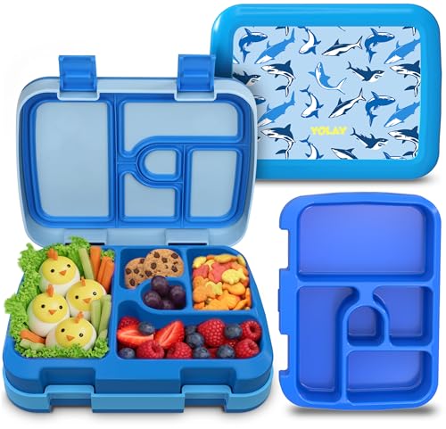 YOLAY Bento Box for Kids Lunch Box Leak-Proof, 5-Compartment Lunch Box Kids for Ages 3-10, Durable with Anti-Slip Base, Suitable for Schools, Outdoor and Travel (Mermaid) (Shark)