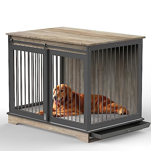 Lyromix 43.7'' Dog Crate Furniture With Cushion For Medium To Large Pets, Wooden Cage End Table, Heavy Duty Indoor Puppy Kennel With Flip-Up Top And Sliding Door, Grey #TOP19