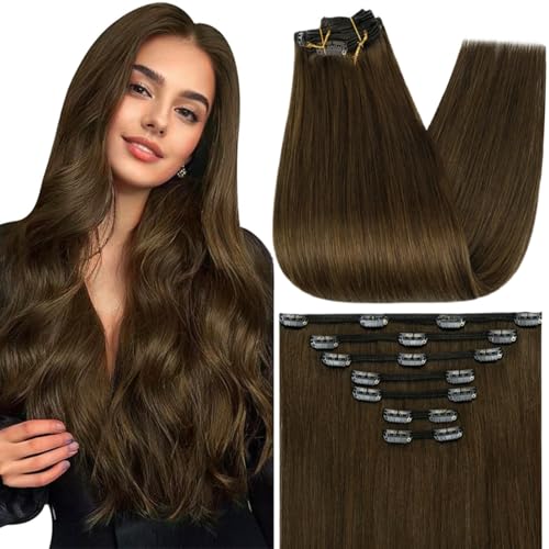 Image of Full Shine Clip in Hair Extensions Brown Human Hair Extensions Clip ins | Medium Brown, Straight Brazilian Hair Extension, for Thin Hair, 20 Inch 7 Pcs 120g