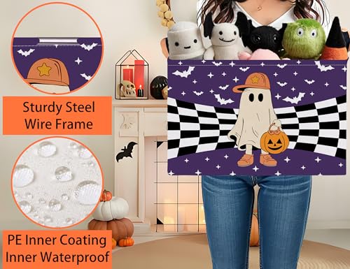 Image of Large Halloween Themed Candy Gift Boo Basket for Kids Baby Personalized Adults Storage Bin Fall Decor(Baseball Hat Grid Spooky)