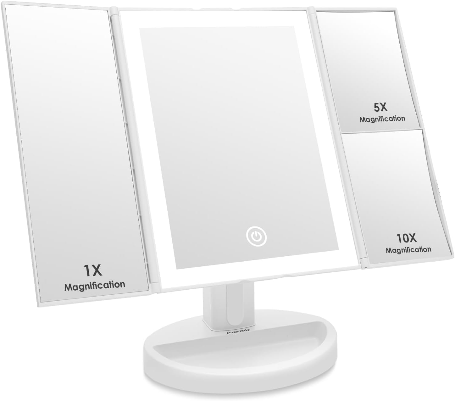 Auxmir Espejo Maquillaje con Luz, Recargable 1X/5X/10X Espejo Aumento Tríptico, 68 Luces LED con Pantalla Táctil Brillo Ajustable, Giratorio 180°, Blanco