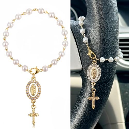 Car Rosary for Car Steering Wheel Charm Steering Wheel Rosary Charm with Virgin Mary & Cross Cars Accessories for Rearview Mirror Protection Decor