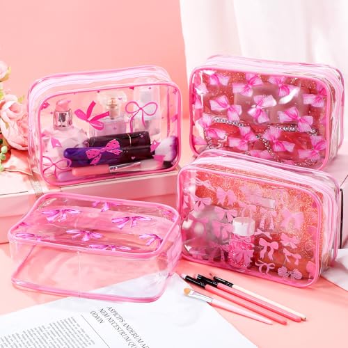 Kacctyen 8 Pcs Coquette Pink Bow Makeup Bags Clear PVC Skincare Cosmetic Bags Waterproof Travel Toiletry Zipper Pouch Coquette Party Favors Gifts for Women Girls Travel Storage Accessories(Bow)3