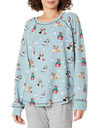 PJ Salvage Women's Loungewear Happy Howlidays Long Sleeve Top, Ice Blue, XS