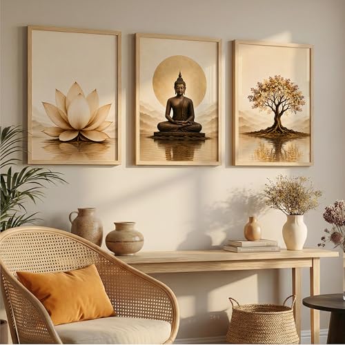 Image of Set of 3 Buddha Wall Art Paintings for Living Room | Lotus Flower & Tree of Life Spiritual Wall Decor | Meditation Zen Wall Paintings for Home, Bedroom, Office & Meditation Room (13x19 Inches)