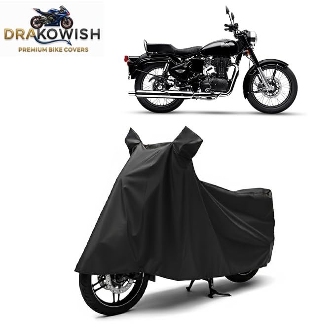 Image of DRAKOWISH Waterproof Bike Cover for Royal Enfield Bullet 350 All Weather Protection from Rain, Dust, UV Rays & Scratches with Mirror Pockets & Buckle Belt