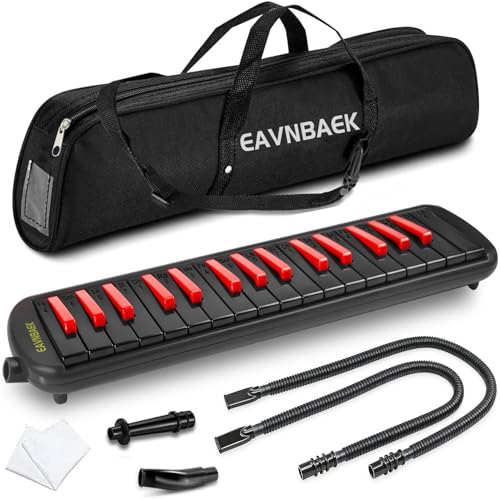Eavnbaek 32 Keys Melodica Instrument, Soprano Melodica Air Piano Keyboard Pianica with 2 Soft Long Tubes, 2 Short Mouthpieces and Carrying Bag (Red+Black, 32 Keys)