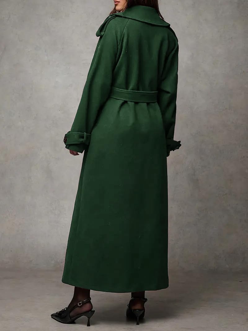 chouyatou Women's Winter Double Breasted Midi Long Wool Coat Business Casual Notch Lapel Winter Trench Coat with Belt