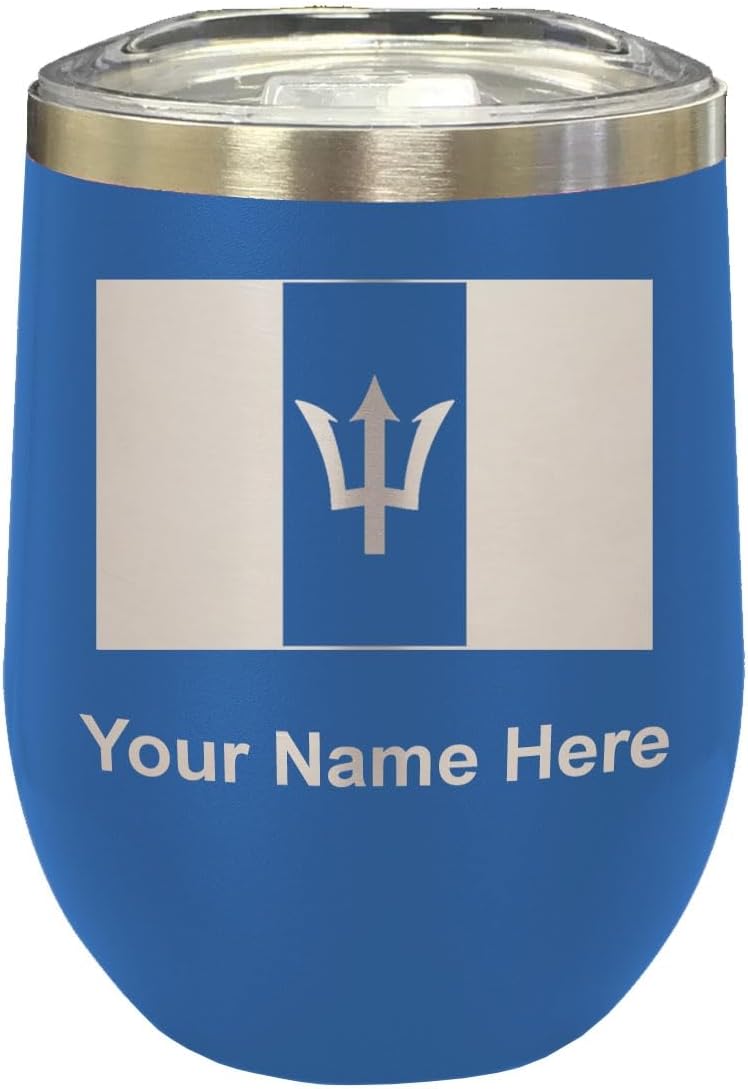 LaserGram 16oz Double Wall Stainless Steel Wine Glass Tumbler, Flag of Barbados, Personalized Engraving Included (Green)