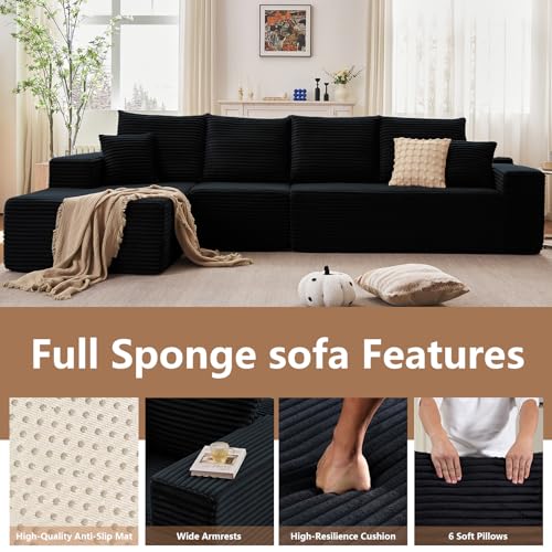 Image of 135.4 inch Modular Sectional Sofa, Modern Corduroy Cloud Couch with Deep Seat, Boneless Couch Upholstered 4-Seater L-Shaped Sofa for Living Room, No Assembly Required (Black, Left-Facing Chaise)