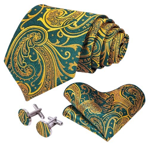 Image of 5PCS Tie and Pocket Square for Men, Silk Necktie and Handkerchief Cufflinks with Gold Ring and Lapel Pin Set