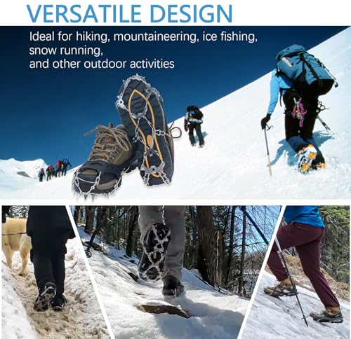 Crampons, Ice Cleats for Shoes and Boots, Traction Snow Grips, Anti Slip 19 Stainless Steel Spikes Safe Protect for Women Men Kids Hiking Climbing (Black, L)