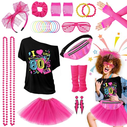 Costume des années 80 pour femme avec t-shirt tutu et sac ventral | Panoplie rétro 28 pièces
