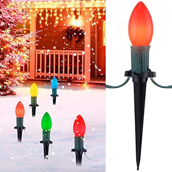 Brightown C9 Christmas Pathway Lights Outdoor - 25.7 Feet, 20 Multicolored Ceramic Bulbs with 20 Stakes, Waterproof, Connectable, Multicolor, Christmas, Outdoor Pathway Lights