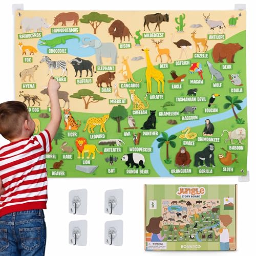 BONNYCO Felt Board for Toddlers with 116 Jungle Animals Figures. Montessori and Sensory Toys, Birthday Gifts for Kids 3-8 Years Old. Educational Games Learning Activities Christmas