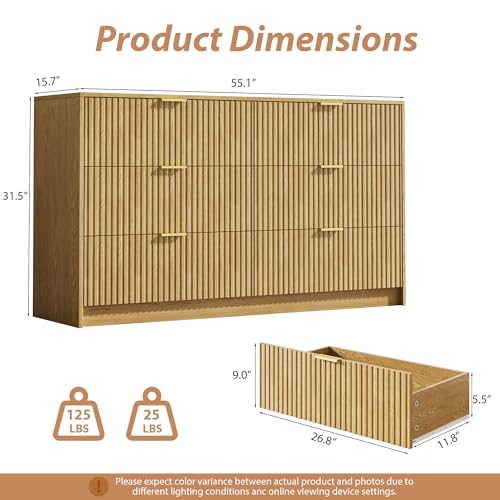 Image of MAISONARIA 6 Drawer Dresser for Bedroom, 55 inch Wide Modern Chest of Drawers with Gold Metal Handles, Fluted Wood TV Stand for Living Room, Hallway, Natural