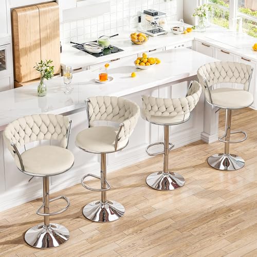 Image of Lamerge Velvet Bar Stools Set of 2,Swivel Bar Chairs Counter Adjustable Height Barstools with Back & Footrest,Upholstered Kitchen Island Chairs for Pub(2PCS Beige)