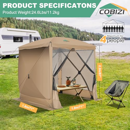 Image of COBIZI 6x6 FT Pop up Gazebo Tent, Screen Tent with Sidewalls, Waterproof Portable Outdoor Small Screen Tents Sun Shelter, Carpas para Patio for Outdoor Camping, Backyard and Garden, Khaki