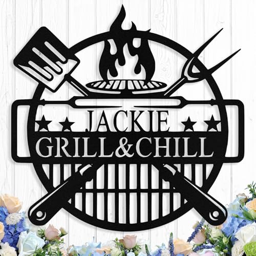 Custom BBQ Metal Sign - Custom Grill & Chill Metal Sign, Personalized Barbecue Sign Wall Art Decor for Outdoor Kitchen Backyard Patio Yard Barbecue Party Bar Decor