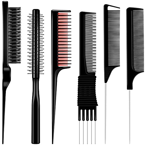 6 Pieces Hair Styling Comb Set, Include Carbon Lift Teasing Comb, Fine Rat Tail Comb, Bristle Shine Teasing Brush, Bristle Round Brush, Wide Rat Tail Comb, Triple Teasing Comb for Women Hair Salon