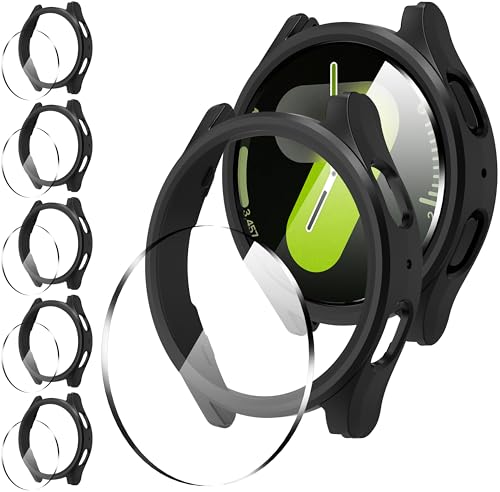 Diruite 5+5 Stück Hülle für Samsung Galaxy Watch 7 44mm Schutzhülle Ultradünne HD Hartglas Glas Schutzfolie*5+Ausgehöhlt Kratzfest PC Case*5 Schwarz 44mm