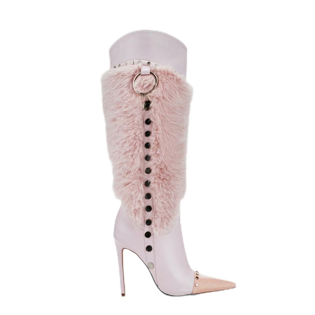 SO SIMPOK Stylish Womens Over-The-Knee High Heel Boots - Pointed Toe Stiletto Heel Faux Fur Snake Print Non-Animal