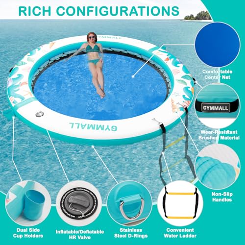 Image of Inflatable Water Hammock Floating Dock 8 FT with Mesh, Tanning Pool Raft Round Ring for Adults, Float Platform for Lake and Beach with Water Ladder and Cup Holder