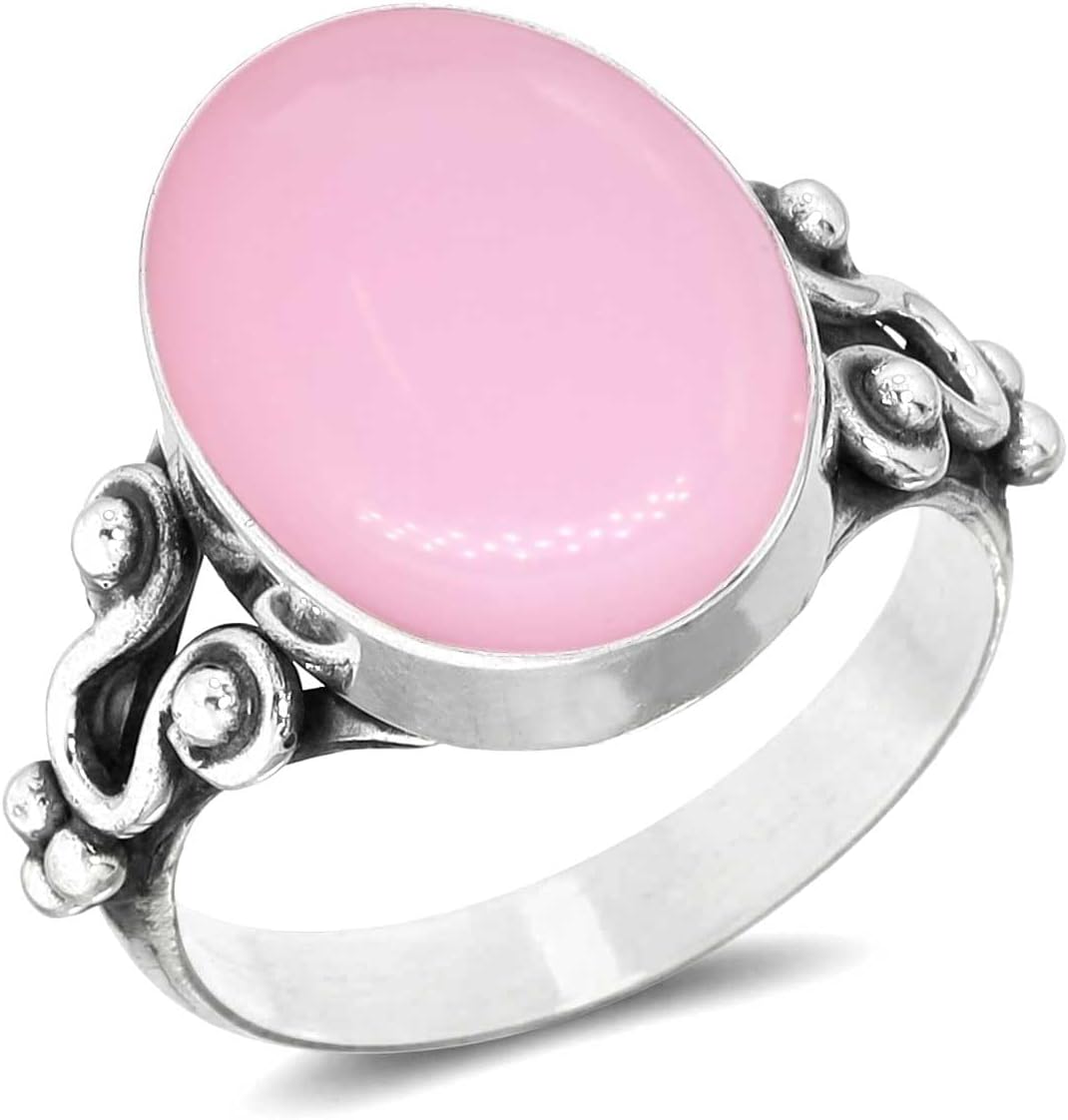JEWELOPORIUM 925 Sterling Silver Plated Handmade Jewelry Oval Labradorite, Rose Quartz, Carnelian, Turquoise Chunky Natural Gemstone Boho Ring For Women